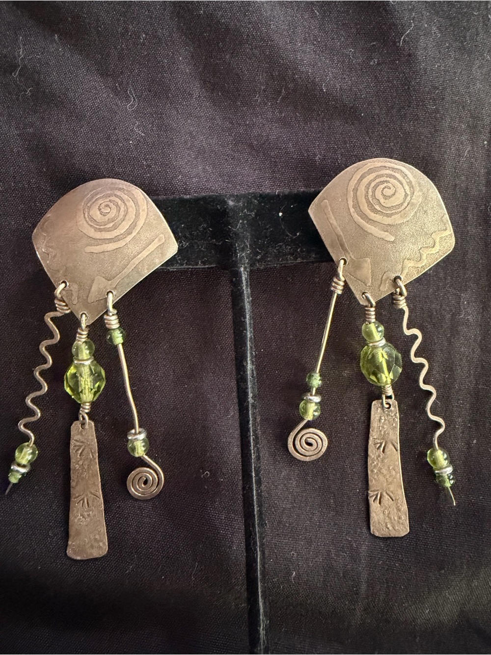 Vintage Handcrafted Olive Green Spiral Dangle Earrings